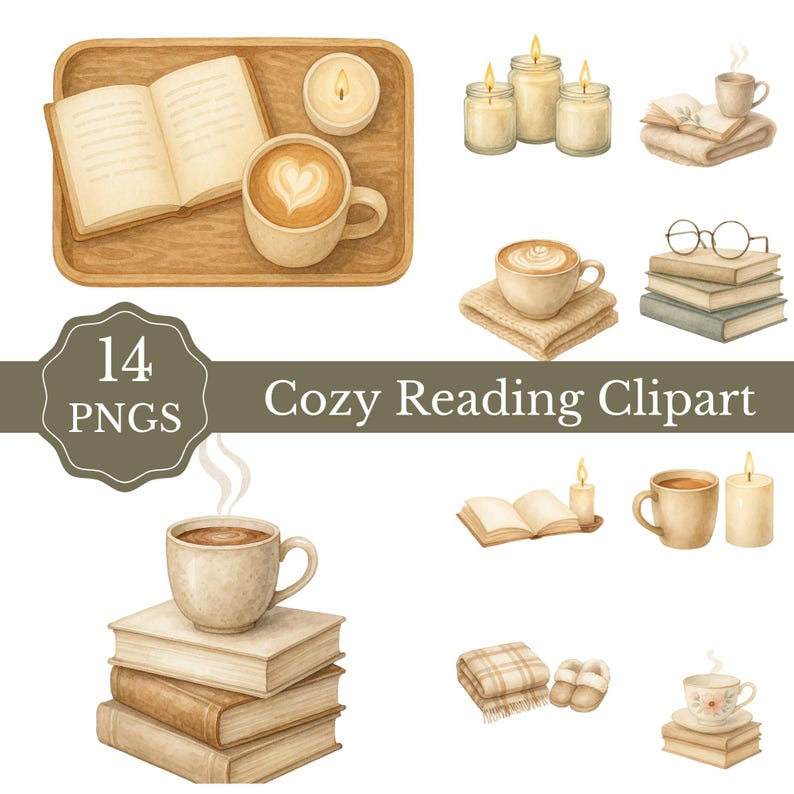 Op de afbeelding: Watercolor clipart set met gezellige leeselementen. Inclusief een dienblad met een koffiekopje en een boek, kaarsen, stapels boeken, koffiekopjes, dekens en pantoffels. De tekst "Cozy Reading Clipart" is inbegrepen.