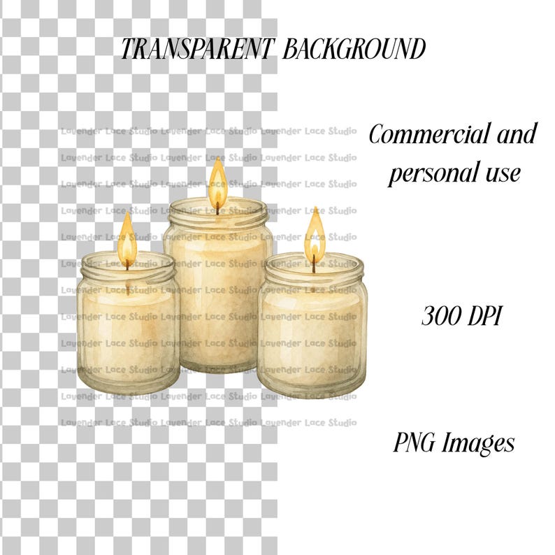 Op de afbeelding: Drie brandende kaarsen in glazen potten met een aquareleffect. De kaarsen hebben een warme, uitnodigende gloed, met de tekst "TRANSPARENT BACKGROUND", "Commercial and personal use", "300 DPI" en "PNG Images".