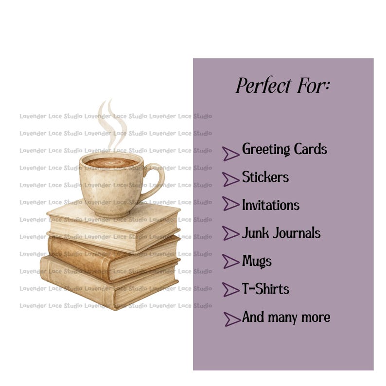 Op de afbeelding: Waterverfillustratie met een stapel oude boeken, een dampende mok koffie en de tekst "Perfect For:" gevolgd door een lijst met items. De afbeelding heeft een vintage esthetiek, met zachte kleuren en een gezellig gevoel.