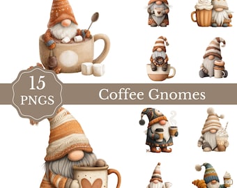 15 koffiekabouters clipartbundel • Gezellige koffie-png's • Aquarel latte kabouters • Herfstbarista-sublimatiebundel voor ambachten en stickers