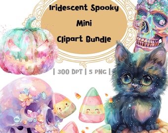 Iridescent Spooky Mini Clipart Bundle | Pastel Skull, Pumpkin, Cat & Candy PNGs | Digital Download