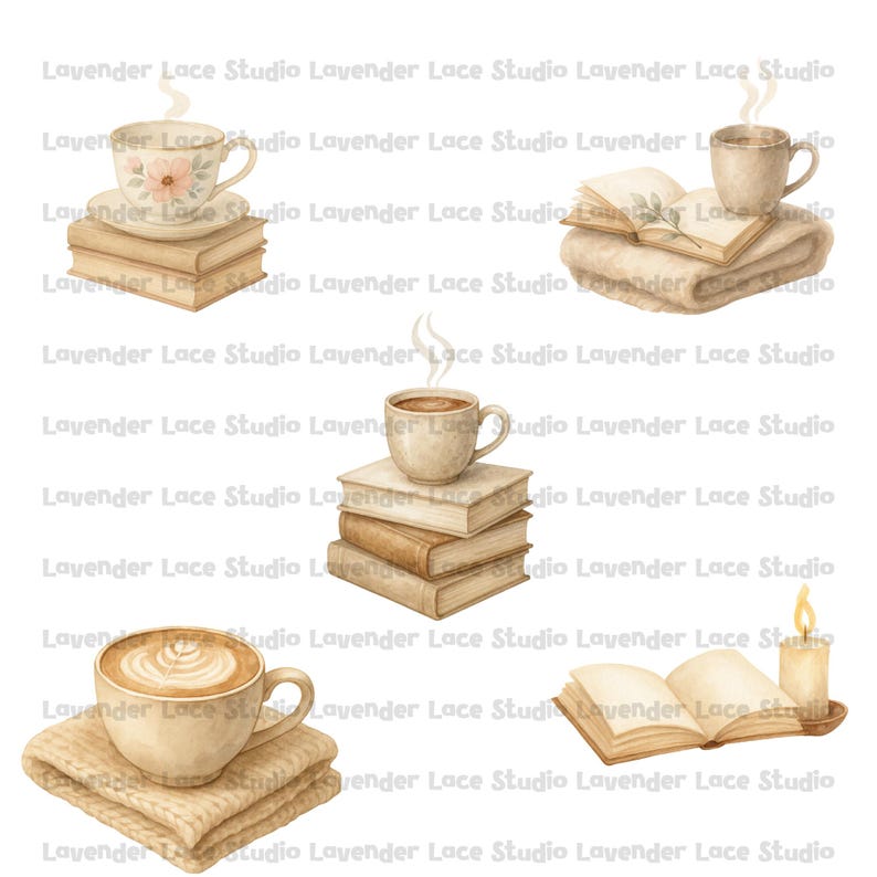 Op de afbeelding: Waterverfillustraties van gezellige sc&egrave;nes met koffiekopjes, boeken, dekens en kaarsen. De afbeeldingen tonen een warme, uitnodigende sfeer, perfect voor een ontspannen dag. Het kleurenpalet omvat zachte bruintinten, cr&egrave;mes en warme tonen.