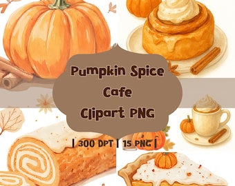 May include: Watercolor illustration featuring a pumpkin, cinnamon rolls, pumpkin pie, and a cup of coffee. The image includes the text "Pumpkin Spice Cafe Clipart PNG". The overall theme is autumn and fall.