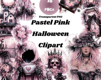 Clipart de Halloween en rosa pastel / 78 PNG / Estética gótica encantadora / Sombreros de bruja, fantasmas, calaveras, ataúdes / Mega paquete de arte digital gótico pastel