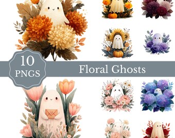 Floral Ghost Clipart Set • Watercolor Ghost PNGs • Cute Halloween Flower Art • Pastel Ghost Sublimation Bundle for Stickers, Crafts & Shirts