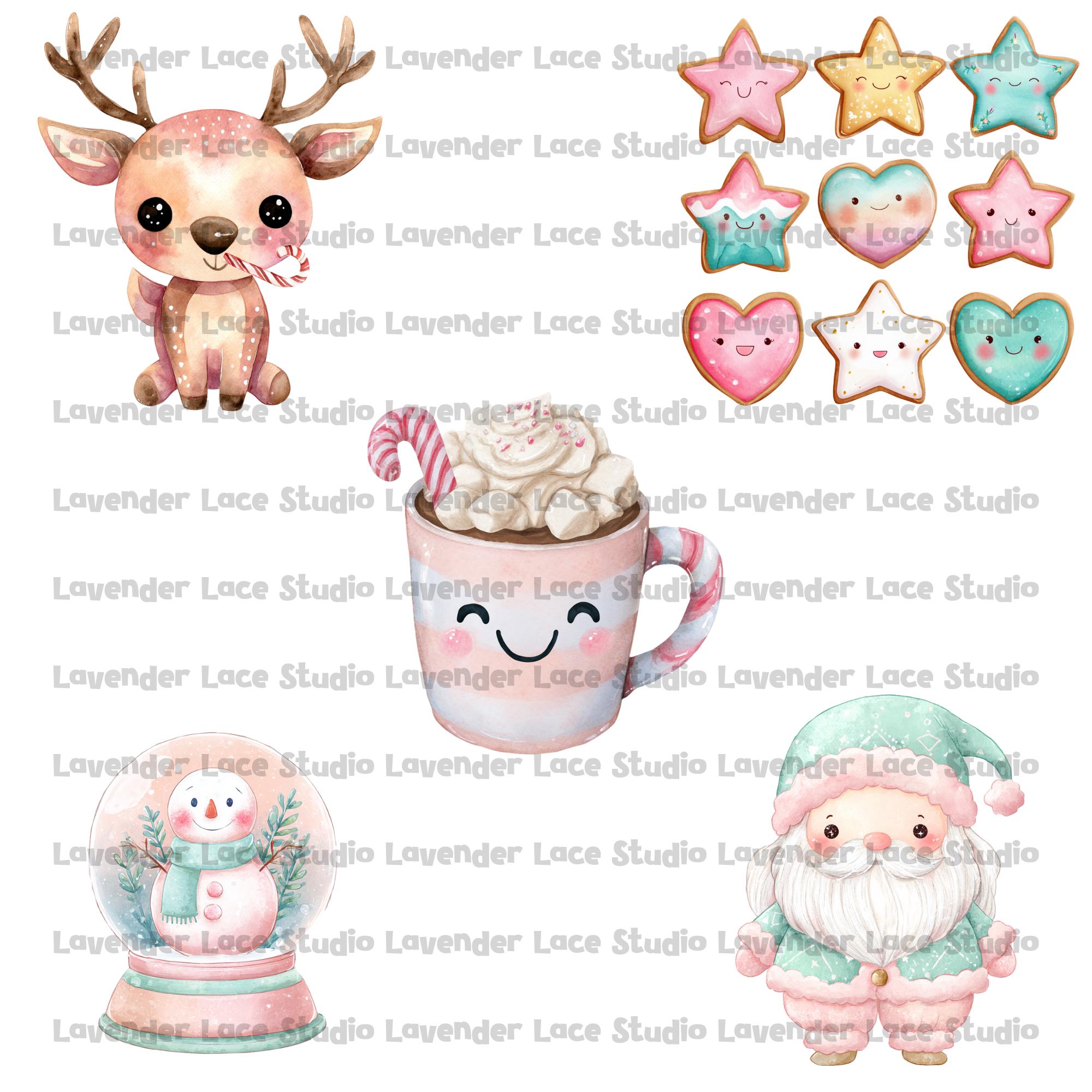 Kawaii Pastel Christmas Clipart Bundle | Cute Watercolor Holiday PNG ...