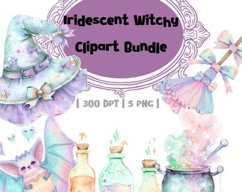 Iridescent Witchy Clipart Bundle | Pastel Potion Bottles, Cauldron, Hat & Broom PNGs | Digital Download