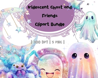 May include: A digital clipart bundle featuring iridescent ghosts, a spider, and a crescent moon with stars. The text reads "Iridescent Ghost and Friends Clipart Bundle". The image has a whimsical, fantasy theme.