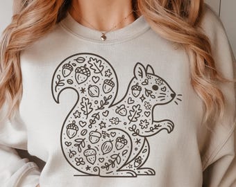 woodland squirrel sweatshirt fall acorn leaves cozy forest animal shirt autumn gift for nature lover cottagecore outfit for pumpkin patch