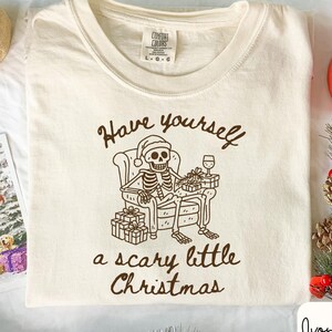 Scary Little Christmas Skeleton Shirt Funny Spooky Holiday Tee Goth Xmas Shirt Skeleton in Santa Hat Comfort Colors Creepy Christmas T-shirt