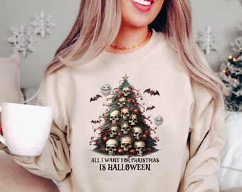 Halloween for Christmas Sweatshirt for Skeleton Lovers Creepy Christmas Tree Shirt for Gothic Christmas Sweat Shirt Skull Xmas SweatShirt