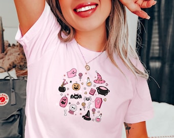 Pastel Halloween Shirt Kawaii Pink Ghosts Cute Jack-O’-Lantern Soft Spooky Season Tee Trendy Aesthetic Pastel Goth Halloween 2024 T-shirt