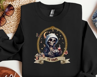 Gamer Skeleton Sweatshirt Whimsigoth Tarot Card Sweat Shirt for Gaming Gift Idea for Skeleton Lover Shirt Funny Skeleton Gaming Sweatshirt