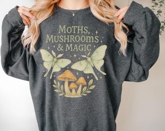 Moths Mushrooms & Magic sweatshirt cottagecore fairycore sweater  moth crewneck cozy witchy pullover gift for nature lover witchcore shirt