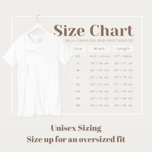 May include: Size chart for a Bella + Canvas 3001 jersey short sleeve tee, showing measurements in inches and centimetres for sizes XS to 4X. The chart includes width and length measurements for each size.