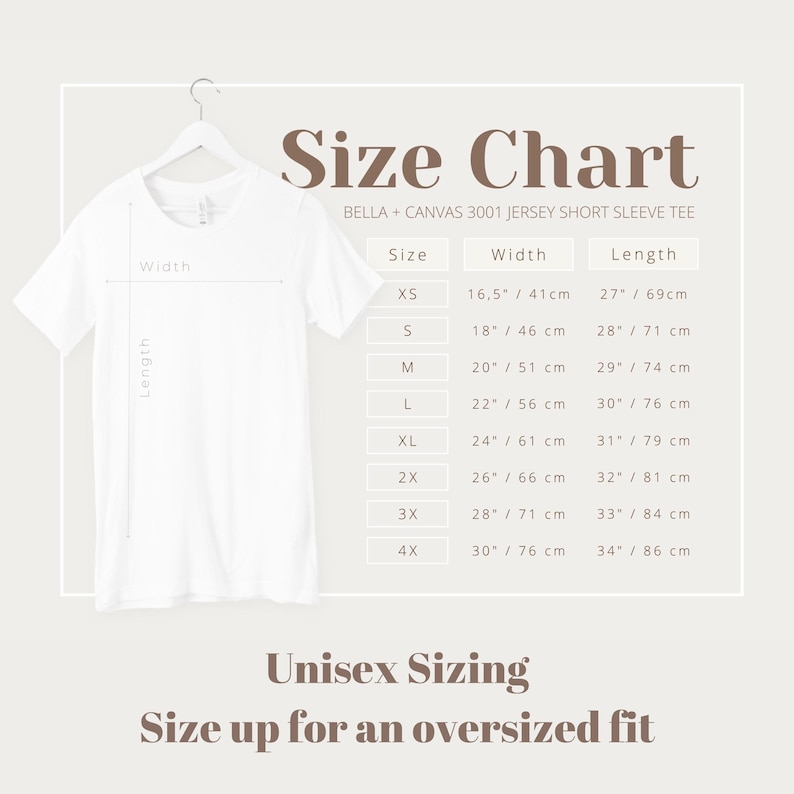 May include: Size chart for a Bella + Canvas 3001 jersey short sleeve tee, showing measurements in inches and centimetres for sizes XS to 4X. The chart includes width and length measurements for each size.