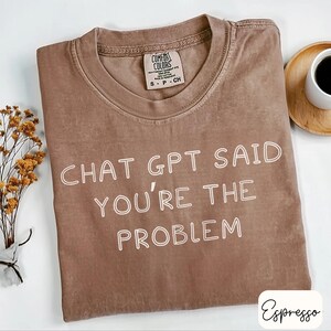 May include: A brown Comfort Colors t-shirt with the text "CHAT GPT SAID YOU'RE THE PROBLEM" in white. The shirt is laid flat on a white surface, with a small sprig of dried flowers and a cup of coffee in the background.