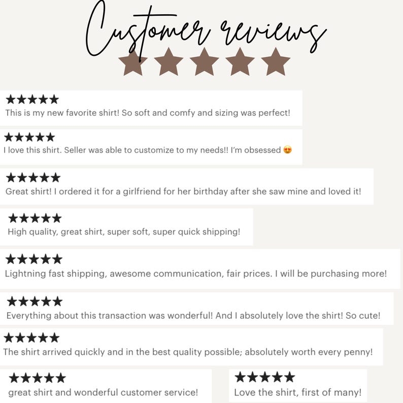 Pu&ograve; includere: Immagine con recensioni dei clienti e valutazioni a stelle. Il testo include feedback positivi sulla qualit&agrave;, morbidezza e servizio di una maglietta. La frase "Customer reviews" &egrave; scritta in alto.