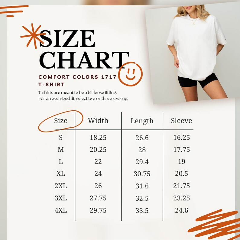 Pu&ograve; includere: Una maglietta bianca Comfort Colors 1717 con tabella taglie. La tabella elenca le taglie dalla S alla 4XL, con misure di larghezza, lunghezza e lunghezza manica in pollici. Il testo indica che le magliette devono essere ampie.