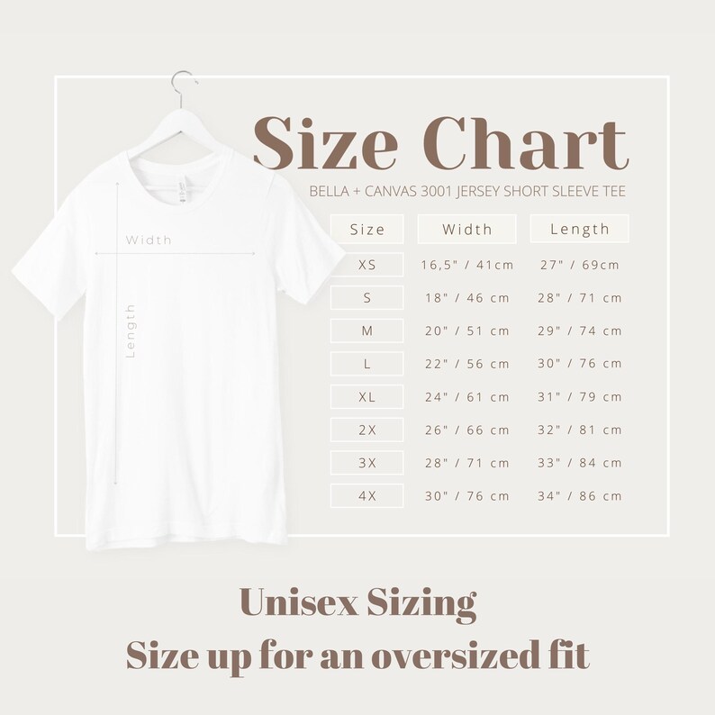May include: Size chart for a Bella + Canvas 3001 jersey short sleeve tee, showing measurements in inches and centimeters for sizes XS to 4X. The chart includes width and length measurements for each size.