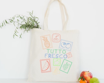 Tutto Fresco Italian Market Tote Bag Fruit Doodle Canvas Bag Gift for Foodie Farmers Market Shopper Vintage Italian Aesthetic Beach Bag