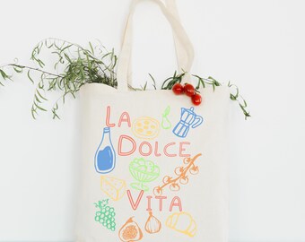 La Dolce Vita Cotton Tote BagDoodle Market Bag Tomato Girl Summer Gift Italy Travel Tote Farmer's Market Tote Italian Market Bag for Summer
