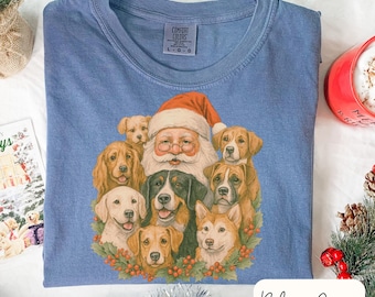 Santa and dogs Christmas shirt cute holiday gift for dog mom pet lover or coworker retro vintage Christmas shirt for dog lover Christmas tee