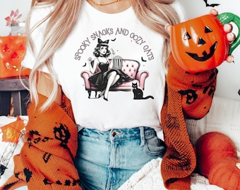 Spooky Snacks and Cozy Cats T-shirt Horror Movies and Chill Shirt Feminine Halloween T-shirt Pink Halloween Shirt for Spooky Babes T-Shirt
