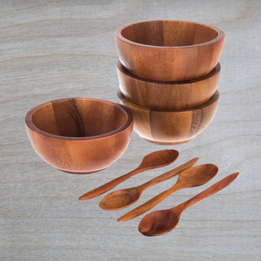 Acacia 5 Round Wooden Bowls Small Wood Bowl for Soup Etsy