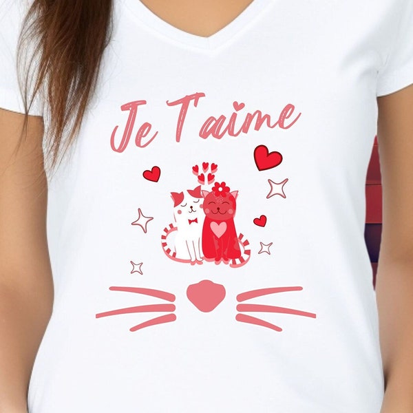 Je T'aime Cat Shirt V-Neck Felines In Love, Unisex Jersey Short Sleeve Deep V Tee