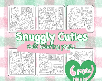 Snuggly Cuties: Super Cute & Cozy Coloring Pages, 6 Adorable PDF and PNG Printable Designs of Hygge Animals, Relaxing Hand-Drawn Pages