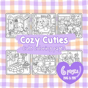 Cozy Cuties: Super Cute & Cozy Coloring Pages, 6 Adorable PDF and PNG Printable Designs of Hygge Animals, Relaxing Hand-Drawn Pages