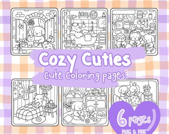 Cozy Cuties: Super Cute & Cozy Coloring Pages, 6 Adorable PDF and PNG Printable Designs of Hygge Animals, Relaxing Hand-Drawn Pages