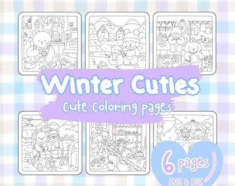 Winter Cuties: Super Cute & Cozy Coloring Pages, 6 Adorable PDF and PNG Printable Designs of Hygge Animals, Relaxing Hand-Drawn Pages