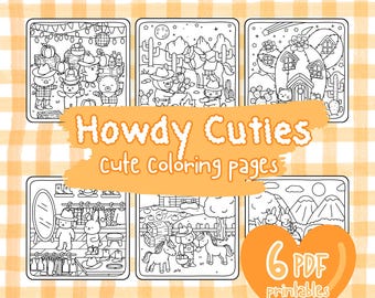Howdy Cuties: Super Cute & Cozy Coloring Pages, 6 Adorable PDF and PNG Printable Designs of Hygge Animals, Relaxing Hand-Drawn Pages