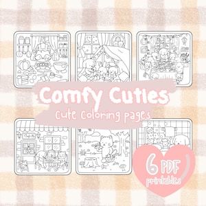 Comfy Cuties: Super Cute & Cozy Coloring Pages, 6 Adorable PDF and PNG Printable Designs of Hygge Animals, Relaxing Hand-Drawn Pages