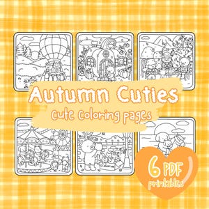 Autumn Cuties: Super Cute & Cozy Coloring Pages, 6 Adorable PDF and PNG Printable Designs of Hygge Animals, Relaxing Hand-Drawn Pages