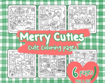 Merry Cuties: Super Cute & Cozy Coloring Pages, 6 Adorable PDF and PNG Printable Designs of Hygge Animals, Relaxing Hand-Drawn Pages