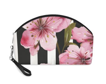 Pink Cherry Blossoms Makeup Bag | Floral Stripes Cosmetic Pouch