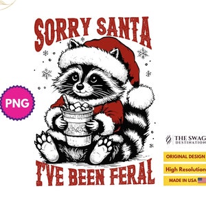 ごめんねサンタさん、野生化してしまった PNG、クリスマスアライグマ PNG、面白いクリスマスパーカー PNG、レトロなホリデーアライグマ PNG