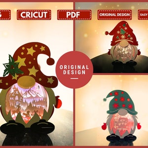 Pack 3 Christmas Gnome Shadow Box PDF, SVG Light Box for Cricut Projects - DIY Gnome Lantern with Christmas Truck, Santa, Deer Scene