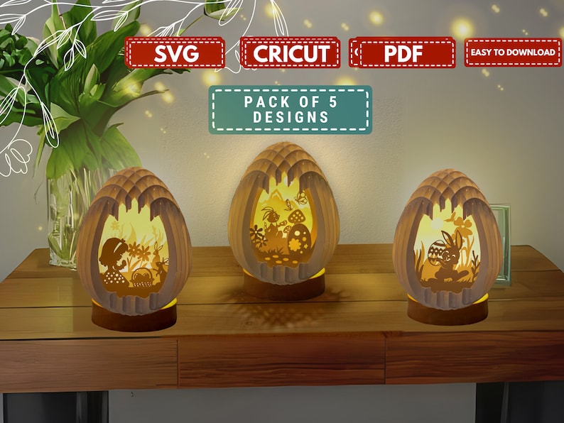 Pack 5 Easter Eggs Pop Up PDF, SVG Light Box for Cricut Projects, Cricut Joy, Cameo4, ScanNcut, Easter Sphere Popup, DIY Lantern with Rabbit image 2