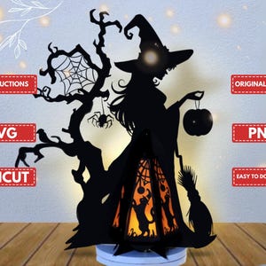 Modelli SVG per lanterne di Halloween a forma di albero di strega per progetti Cricut, ScanNcut, Cameo - Decorazioni fai da te per lanterne di Halloween a forma di strega con taglio della carta