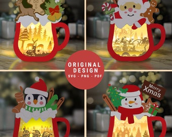 Pack 4 Hot Cocoa Shadow Box SVG - Santa Claus, Snowman, Penguin, Ginger Pie, DIY Lightbox Christmas Ornaments - Xmas Paper Cutting Template