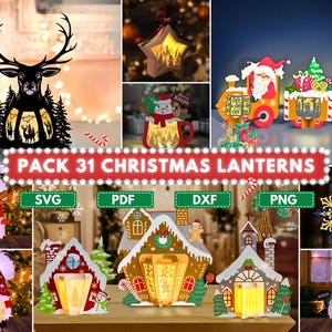 Pack 31 Weihnachtslaternen SVG, Gnom, Stern, Weihnachtsmann, Schneemann, Kakao, Hirsch, Papiervorlagen DIY Laterne, Schattenbox Lampe SVG Bundle