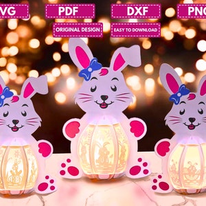 Confezione 3 lanterne pasquali con coniglietto carino PDF, scatola luminosa SVG per progetti Cricut, Cameo4, ScanNcut, sfera popup di Pasqua, lanterna fai da te con coniglio 1