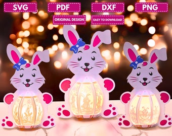 Lot de 3 lanternes de Pâques lapin mignon au format PDF, caisson lumineux SVG pour projets Cricut, Cameo4, ScanNcut, sphère popup de Pâques, lanterne DIY avec lapin 1