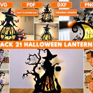 Confezione da 21 lanterne di Halloween SVG, zucca, pipistrello, gufo, strega, ragno modelli di carta fai da te lanterna, lampada Shadowbox SVG Bundle