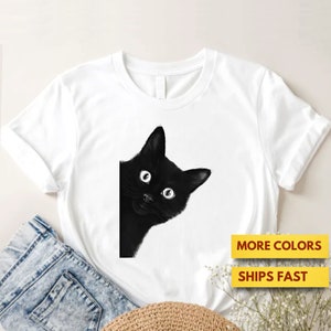 黒猫のぞき見Tシャツ、面白い黒猫の超ソフトプレミアムTシャツ