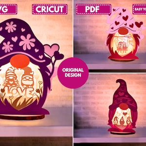 Lot de 3 Shadow Box nain de la Saint-Valentin PDF, boîte lumineuse SVG pour projets Cricut - lanterne de gnomes de la Saint-Valentin bricolage, couple de gnomes d'amour, Svg